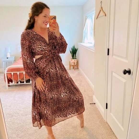 Anthropologie Ranna Gill Midi Dress M NWT Leopard Print Cut Out Puff Party Fall - Picture 8 of 14